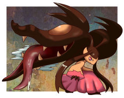 Rule 34 | border, claws, closed mouth, commentary request, creatures (company), full body, game freak, gen 3 pokemon, legs apart, looking back, mawile, mega mawile, mega pokemon, nintendo, outside border, pink eyes, pokemon, pokemon (creature), saliva, shuga (mhwii), solo, standing, tongue, white border