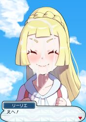 Rule 34 | 1girl, backpack, bag, blonde hair, blunt bangs, braid, chiwino, closed eyes, cloud, creatures (company), cum, cum on body, cum on hair, facial, french braid, game freak, green eyes, highres, hood, lillie (pokemon), long hair, nintendo, pokemon, pokemon sm, ponytail, revision, short sleeves, solo, translated