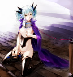 Rule 34 | 10s, 1girl, armor, bad id, bad pixiv id, bdsm, blue hair, blush, bondage, bound, breasts, cardfight!! vanguard, collar, darkness maiden macha, female masturbation, grabbing own breast, highres, kneeling, leash, masturbation, nipple stimulation, nipple tweak, nipples, pussy, pussy juice, shadow paladin, short hair, small breasts, solo, sukumo (kemutai), sword, thighhighs, twintails, uncensored, weapon, yellow eyes