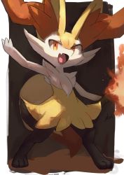 Rule 34 | 1girl, animal ear fluff, animal ears, arm up, black fur, border, braixen, burning, commentary, creatures (company), digitigrade, english commentary, fang, fire, fox ears, fox tail, full body, furry, furry female, game freak, gen 6 pokemon, highres, holding, holding stick, ikei, looking at viewer, multicolored fur, nintendo, open mouth, orange eyes, orange fur, outside border, pokemon, pokemon (creature), signature, sketch, skin fang, smile, solo, stick, tail, tsurime, white border, white fur, yellow fur