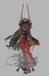 Rule 34 | 1girl, absurdres, alternate costume, closed mouth, colored skin, cui (jidanhaidaitang), grey background, highres, horns, long hair, mask, multicolored hair, original, red skin, shoes, tail, tattoo, very long hair, yellow eyes