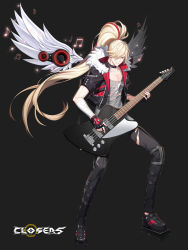 Rule 34 | 1boy, bass guitar, blonde hair, choker, closers, full body, highres, instrument, musical note, official art, ponytail, red eyes, solo, wings, wolfgang schneider