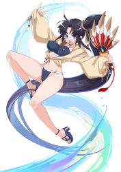 Rule 34 | 1girl, absurdly long hair, ankle strap, bikini, black hair, blue eyes, blunt bangs, covered erect nipples, fate/grand order, fate (series), feather fan, high heel sandals, high heels, highres, jumping, long hair, looking at viewer, nada haruka, sandals, side ponytail, solo, swimsuit, ushiwakamaru (fate), ushiwakamaru (fate/grand order), ushiwakamaru (swimsuit assassin) (fate), ushiwakamaru (swimsuit assassin) (first ascension) (fate), very long hair, windbreaker