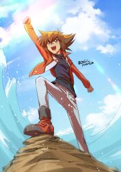 Rule 34 | 1boy, :d, arm up, black shirt, brown eyes, brown hair, clenched hands, cloud, cloudy sky, duel academy uniform (yu-gi-oh! gx), jacket, looking up, male focus, ochi marco, open clothes, open jacket, open mouth, pants, red jacket, shirt, short hair, sky, smile, solo, teeth, twitter username, water, yu-gi-oh!, yu-gi-oh! gx, yuki judai