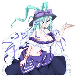 Rule 34 | 1girl, aqua hair, bare shoulders, bracelet, breasts, cleavage, closed eyes, drop, earrings, female focus, groin, hat, hip focus, jewelry, kthanid, kusare panda, large breasts, leaning forward, long skirt, m.u.g.e.n, navel, open mouth, ribbon, short hair, simple background, skirt, solo, standing, tattoo, veil, wide hips