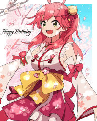 Rule 34 | 1girl, absurdres, ahoge, bell, blue sky, border, bow, breasts, cherry blossom print, cherry blossoms, cowboy shot, detached sleeves, falling petals, floral print, green eyes, hair bell, hair between eyes, hair bow, hair ornament, hairclip, happy birthday, highres, hip vent, hololive, japanese clothes, kaigaraori, kimono, large breasts, long hair, nontraditional miko, one side up, open mouth, outdoors, outside border, panties, petals, pink hair, red bow, sakura miko, sakura miko (1st costume), side-tie panties, sideboob, skirt, sky, solo, standing, tassel, underwear, virtual youtuber, waist bow, white border, white kimono, white skirt, x hair ornament, yellow bow