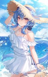 Rule 34 | 1girl, absurdres, bare shoulders, blue hair, blue sky, blush, bow, breasts, cleavage, cloud, dress, ganyu (genshin impact), genshin impact, hat, highres, horns, long hair, looking at viewer, medium breasts, ocean, off-shoulder dress, off shoulder, purple eyes, sidelocks, sky, smile, solo, spaghetti strap, standing, straw hat, white dress, youwon0417