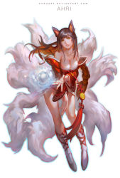 Rule 34 | 1girl, ahri (league of legends), animal ears, bare shoulders, black hair, boots, breasts, character name, cleavage, detached sleeves, fox ears, fox tail, full body, krenz, league of legends, long hair, medium breasts, multiple tails, simple background, solo, tail, white background, yellow eyes