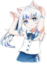 Rule 34 | &gt;:), 1girl, animal ear fluff, animal ears, armpits, arms up, bare arms, blue bow, blue eyes, blue hair, blue skirt, bow, cat ears, closed mouth, commentary request, gawr gura, hair bow, hololive, hololive english, korean commentary, lancer (worudrleh1), long hair, multicolored hair, shirt, side ponytail, simple background, skirt, sleeveless, sleeveless shirt, smile, solo, streaked hair, v-shaped eyebrows, virtual youtuber, white background, white hair, white shirt