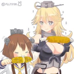 Rule 34 | 15citron, 2girls, ahoge, black gloves, blonde hair, blue sailor collar, blush, breasts, brown hair, buck teeth, closed eyes, closed mouth, clothing cutout, commentary, corn, corn cob, eating, elbow gloves, fingerless gloves, food, front-tie top, gloves, grey eyes, hair between eyes, headgear, headset, holding, holding food, iowa (kancolle), kantai collection, large breasts, long hair, multiple girls, navel, navel cutout, neckerchief, one-hour drawing challenge, rabbit, sailor collar, school uniform, serafuku, short hair, simple background, speaking tube headset, star-shaped pupils, star (symbol), sweatdrop, symbol-shaped pupils, teeth, twitter username, white background, white gloves, yellow neckerchief, yukikaze (kancolle)