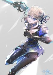Rule 34 | 1girl, ahoge, armor, armored boots, blonde hair, blue dress, blue eyes, boots, breastplate, dress, gauntlets, grey background, highres, hirose (10011), holding, holding sword, holding weapon, knight, looking at viewer, original, shoulder armor, signature, solo, sword, teeth, upper teeth only, weapon