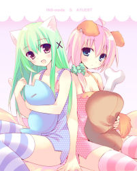 Rule 34 | 2girls, amanagi seiji, animal ears, green hair, long hair, multiple girls, pink hair, thighhighs