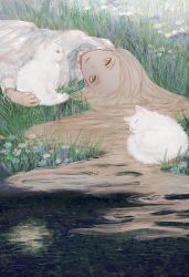 Rule 34 | 1girl, animal, blonde hair, cat, closed mouth, day, dress, forehead, grass, highres, long hair, long sleeves, looking at viewer, lying, on back, on grass, on ground, original, outdoors, shirone (coxo ii), smile, solo, very long hair, water, wet, wet hair, white cat, white dress, yellow eyes