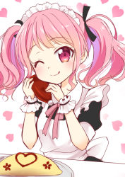 Rule 34 | 1girl, ;q, alternate costume, apron, bang dream!, black ribbon, blush, commentary request, enmaided, food, hair ribbon, heart, heart background, ketchup, ketchup bottle, looking at viewer, maid, maid headdress, maruyama aya, neck ribbon, omelet, omurice, one eye closed, ousawa kanata, pink eyes, pink hair, pink ribbon, plate, ribbon, sidelocks, solo, tongue, tongue out, twintails, upper body, white apron, wrist cuffs