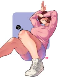 Rule 34 | 1girl, absurdres, artist name, blush, breasts, brown hair, bug, closed eyes, commentary, dated, english commentary, english text, heart, highres, large breasts, long sleeves, open hands, original, pink sweater, purple shorts, shoes, short hair, shorts, sitting, sneakers, snowcie, snowciel, solo, speech bubble, sweater, tearing up, white footwear
