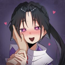 Rule 34 | 1boy, :d, black hair, blush, bow, cropped shoulders, disembodied hand, hand on another&#039;s cheek, hand on another&#039;s face, heart, heart-shaped pupils, highres, holding another&#039;s wrist, houjou tokiyuki (nige jouzu no wakagimi), japanese clothes, kariginu, long hair, looking at viewer, male focus, narrowed eyes, nige jouzu no wakagimi, nose blush, open mouth, parted bangs, pink pupils, ponytail, pov, pov hands, purple background, purple eyes, raised eyebrows, rame angel71, sidelocks tied back, simple background, size difference, smile, solo focus, sweat, symbol-shaped pupils, teeth, upper teeth only, very long hair, vignetting, wide sleeves