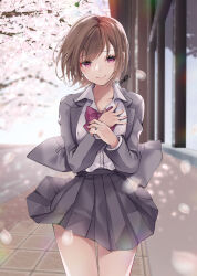 Rule 34 | 1girl, akatsuki hijiri, blazer, brown hair, cherry blossoms, closed mouth, collarbone, crying, crying with eyes open, day, falling petals, grey shirt, grey skirt, hands on own chest, highres, jacket, jewelry, looking at viewer, medium hair, original, outdoors, petals, pink eyes, pleated skirt, ring, shirt, shirt tucked in, short hair, skirt, smile, solo, standing, tearing up, tears, white shirt