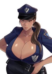 Rule 34 | 1girl, breasts, brown eyes, brown hair, cleavage, hat, highres, huge breasts, long hair, police, police badge, police hat, police uniform, policewoman, ponytail, roctistray, simple background, solo, uniform, white background
