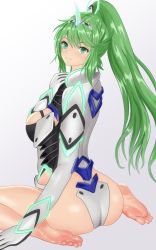 Rule 34 | 1girl, artist request, ass, barefoot, blush, breasts, from behind, gloves, green eyes, green hair, headgear, highres, leotard, long hair, looking at viewer, nintendo, pneuma (xenoblade), ponytail, shiny clothes, shiny skin, sideboob, sitting, smile, solo, very long hair, wariza, xenoblade chronicles (series), xenoblade chronicles 2