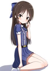 Rule 34 | 1girl, absurdres, blue bow, blue dress, blush, bobby socks, bow, brown eyes, brown hair, collared dress, commentary, dress, from side, hair bow, highres, idolmaster, idolmaster cinderella girls, jiu (sdesd3205), long hair, looking at viewer, looking to the side, parted bangs, pleated dress, puffy short sleeves, puffy sleeves, shadow, short sleeves, simple background, sitting, socks, solo, tachibana arisu, very long hair, wariza, white background, white socks