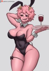 Rule 34 | 1girl, :p, animal ears, ashido mina, black leotard, black sclera, boku no hero academia, breasts, cleavage, colored sclera, colored skin, commentary, cowboy shot, cup, detached collar, drinking glass, grey background, highres, holding, holding plate, large breasts, lentiyay, leotard, mole, mole on breast, pink hair, pink skin, plate, playboy bunny, rabbit ears, rabbit tail, short hair, simple background, solo, tail, thigh strap, tongue, tongue out, wine glass, wrist cuffs