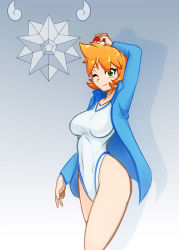 Rule 34 | 1girl, breasts, competition swimsuit, cowboy shot, creatures (company), eyelashes, game freak, gen 1 pokemon, gen 2 pokemon, hair between eyes, holding, holding poke ball, jacket, legs, long sleeves, looking at viewer, medium breasts, misty (pokemon), nintendo, one-piece swimsuit, orange hair, poke ball, pokemon, pokemon (creature), pokemon hgss, scorpdk, short hair, solo, starmie, swimsuit, thighs, white one-piece swimsuit