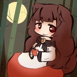Rule 34 | 1girl, animal ears, apple, bad id, bad pixiv id, bamboo, bamboo forest, blush, brown hair, dress, food, forest, fruit, full moon, imaizumi kagerou, inunoko., layered dress, long hair, long sleeves, looking at viewer, moon, nature, red apple, red eyes, smile, solo, tail, touhou, wolf ears, wolf tail
