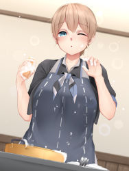 Rule 34 | 1girl, apron, bad id, bad pixiv id, blue eyes, blush, breasts, brown hair, hair between eyes, intrepid (kancolle), kantai collection, large breasts, long hair, looking at viewer, ne an ito, open mouth, ponytail, pot, shirt, short hair, short sleeves, smile, soap bubbles, solo, washing
