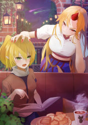 Rule 34 | 2girls, absurdres, arch, bench, blonde hair, blue skirt, blush, book, bookshelf, breasts, brown shirt, coffee, coffee mug, commentary request, cup, fingernails, food, green eyes, grin, hand on another&#039;s head, highres, holding, holding book, horns, hoshiguma yuugi, kaenbyou rin, kaenbyou rin (cat), lamppost, large breasts, long hair, looking at another, medium breasts, mizuhashi parsee, mug, multiple girls, nail polish, navel, open mouth, pastry, pillow, plant, pointy ears, red eyes, red horns, red nails, sanomaki, sash, scarf, sharp fingernails, shirt, short hair, short ponytail, short sleeves, silk, single horn, skirt, sky, smile, spider web, star (sky), starry sky, table, touhou, upper body, vines, white sash, white scarf