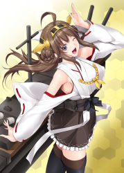 Rule 34 | 10s, 1girl, :d, ;d, ahoge, bare shoulders, black eyes, black thighhighs, blush, boots, breasts, brown hair, detached sleeves, hairband, headgear, japanese clothes, kantai collection, kongou (kancolle), large breasts, long hair, looking at viewer, miniskirt, nakano sora, nontraditional miko, one eye closed, open mouth, personification, skirt, smile, solo, thigh boots, thighhighs, wide sleeves, wink, zettai ryouiki