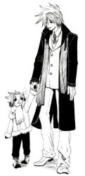 Rule 34 | 00s, age difference, child, father and son, holding hands, kratos aurion, lloyd irving, monochrome, short hair, smile, tales of (series), tales of symphonia