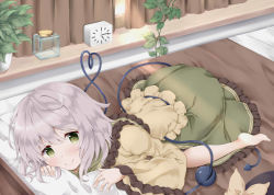 Rule 34 | 1girl, barefoot, bed, black hat, blush, clock, commentary request, curtains, day, frilled shirt collar, frilled skirt, frilled sleeves, frills, green eyes, green skirt, hat, head on pillow, heart, heart of string, indoors, jar, komeiji koishi, light purple hair, long sleeves, looking at viewer, lying, on stomach, plant, potted plant, shirt, short hair, skirt, smile, solo, third eye, touhou, unworn headwear, wide sleeves, yellow shirt, yuzuki sora