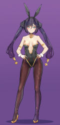Rule 34 | 1girl, adapted costume, alternate color, animal ears, armband, bare shoulders, black choker, black hair, black leotard, blue eyes, breasts, brown pantyhose, center opening, choker, contrapposto, covered navel, fake animal ears, full body, genshin impact, gold trim, groin, hair ribbon, hairband, hands on own hips, high heels, highleg, highleg leotard, highres, leotard, long hair, long legs, looking at viewer, medium breasts, mona (genshin impact), pantyhose, playboy bunny, rabbit ears, ribbon, shoes, smile, solo, standing, strapless, strapless leotard, terebi (shimizu1996), thighs, twintails, wrist cuffs, yellow footwear