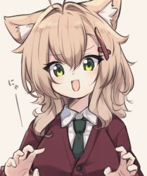 Rule 34 | 1girl, :d, animal ear fluff, animal ears, blush, brown background, cardigan, cat ears, collared shirt, commentary request, green eyes, green necktie, hair between eyes, hair ornament, hands up, light brown hair, long hair, long sleeves, looking at viewer, natsuki teru, necktie, nekomiya ryuu, open mouth, original, red cardigan, shirt, simple background, sleeves past wrists, smile, solo, upper body, white shirt