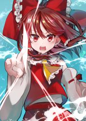 Rule 34 | 1girl, ascot, bare shoulders, between fingers, bow, brown hair, detached sleeves, hair between eyes, hair bow, hair tubes, hakurei reimu, highres, holding, japanese clothes, medium hair, midriff peek, mirei (miirei), nontraditional miko, open mouth, red bow, red eyes, red skirt, ribbon-trimmed sleeves, ribbon trim, sidelocks, skirt, solo, spell card, touhou, upper body, wide sleeves, yellow ascot