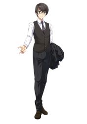 Rule 34 | 1boy, absurdres, black hair, black necktie, black pants, brown footwear, closed mouth, formal, full body, glasses, grey eyes, highres, hiyama kiyoteru, loafers, male focus, necktie, official art, outstretched hand, pants, patterned clothing, shoes, solo, transparent background, umetani atarou, vocaloid, waistcoat