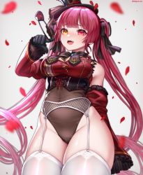 Rule 34 | 1girl, absurdres, black gloves, black ribbon, blush, breasts, bsapricot, cleavage, covered navel, eyepatch, frills, garter belt, garter straps, gloves, hair ribbon, hat, heterochromia, highres, hololive, houshou marine, leotard, leotard under clothes, long hair, medium breasts, open mouth, petals, red eyes, red hair, ribbon, see-through, see-through leotard, skindentation, sleeves past elbows, solo, thighhighs, top hat, twintails, very long hair, virtual youtuber, white thighhighs, yellow eyes