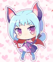 Rule 34 | 1girl, animal ears, arrow (projectile), bat ears, black footwear, blue hair, blue thighhighs, blush, chibi, closed mouth, eyelashes, highres, holding, holding arrow, jazz grace, jewelry, looking at viewer, medium hair, necklace, puyopuyo, puyopuyo chronicle, puyopuyo quest, rafisol (puyopuyo), red wings, solo, thighhighs, wings