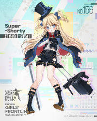 Rule 34 | 1girl, blonde hair, blue eyes, blue skirt, boots, cane, full body, girls&#039; frontline, gun, high collar, high heel boots, high heels, long hair, looking at viewer, official alternate costume, open clothes, rolling suitcase, serbu super-shorty, shotgun, skirt, solo, suitcase, super-shorty (crossing in labyrinth) (girls&#039; frontline), super-shorty (girls&#039; frontline), two side up, weapon