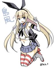 Rule 34 | 10s, 1girl, anchor, artist name, bare shoulders, black panties, blonde hair, boots, bow, detached sleeves, elbow gloves, full body, gloves, grey eyes, grey footwear, hair ornament, kantai collection, looking at viewer, midriff, navel, open mouth, panties, personification, school uniform, seo tatsuya, serafuku, shimakaze (kancolle), solo, striped clothes, striped thighhighs, thighhighs, thong, underwear, white background, zettai ryouiki