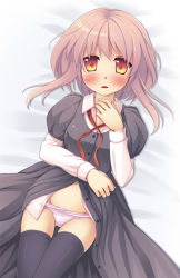 Rule 34 | 1girl, bad id, bad pixiv id, blush, brown eyes, colorized, dress, dress shirt, hand on own chest, lying, navel, nullken, on back, open clothes, open dress, original, panties, pink hair, puffy sleeves, shirt, solo, thighhighs, unbuttoned, underwear, untied