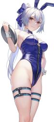 Rule 34 | 1girl, :3, animal ears, bare shoulders, blue bow, blue leotard, bow, bowtie, breasts, cameltoe, detached collar, fake animal ears, fate/grand order, fate (series), from below, grey hair, groin, hair bow, hand on own hip, highleg, highleg leotard, highres, holding, holding tray, leotard, long hair, looking at viewer, looking down, medium breasts, naruse (0819), playboy bunny, ponytail, rabbit ears, red eyes, shiny clothes, simple background, skindentation, smile, solo, strapless, thick thighs, thigh strap, thighs, tomoe gozen (fate), tray, white background, wrist cuffs, zipper