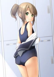 Rule 34 | 1girl, ass, bare shoulders, black sailor collar, blue one-piece swimsuit, blush, brown hair, closed mouth, commentary request, from behind, green eyes, highres, locker, locker room, long sleeves, looking at viewer, looking back, off shoulder, one-piece swimsuit, open clothes, open shirt, original, ponytail, sailor collar, school swimsuit, school uniform, serafuku, shibacha, shirt, sidelocks, smile, solo, swimsuit, swimsuit under clothes, white shirt