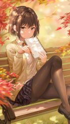 Rule 34 | 1girl, autumn leaves, bench, black skirt, book, brown eyes, brown footwear, brown hair, brown pantyhose, collared shirt, commentary request, dress shirt, highres, holding, holding book, holding pen, holding pencil, jacket, kamiyama high school uniform (project sekai), knee up, leaf, long sleeves, looking at viewer, maple leaf, open clothes, open jacket, outdoors, pantyhose, pen, pencil, plaid, plaid skirt, pleated skirt, project sekai, school uniform, shinonome ena, shirt, shoes, short hair, sitting, skirt, solo, tokkyu, white shirt