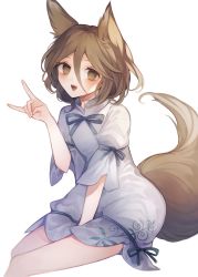 Rule 34 | 1girl, animal ears, between legs, brown hair, fox ears, fox shadow puppet, fox tail, hair between eyes, hand between legs, highres, kudamaki tsukasa, namakuby, neck ribbon, open mouth, ribbon, simple background, solo, tail, touhou, white background