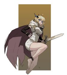 Rule 34 | 1girl, ahoge, barefoot, black gloves, blonde hair, blue eyes, border, borrowed character, bright pupils, brown cape, cape, closed mouth, dress, elbow gloves, gloves, gogalking, grey cape, highres, holding, holding sword, holding weapon, looking at viewer, original, short dress, solo, standing, standing on one leg, sword, two-sided cape, two-sided fabric, weapon, white border, white dress, white pupils, yellow background