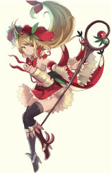 Rule 34 | 1girl, ahoge, animal, animal on shoulder, ankle wings, armpits, bare shoulders, black thighhighs, blonde hair, boots, bow, bowtie, braid, breasts, brooch, cleavage, closed mouth, detached collar, detached sleeves, floating hair, frilled sleeves, frills, from side, full body, hair ornament, half updo, high heel boots, high heels, highres, jewelry, knee boots, leaf hair ornament, long hair, long sleeves, looking at viewer, looking to the side, low-tied long hair, magical girl, medium breasts, nakaichi (ridil), original, outstretched arms, red bow, red bowtie, red skirt, shoes, sidelocks, skirt, smile, solo, spread arms, staff, strapless, thighhighs, white background, wide sleeves, winged footwear, wings, yellow eyes