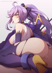 Rule 34 | 1girl, after anal, aftersex, ahoge, aisha landar, ass, blush, boots, breasts, cum, cum in ass, detached sleeves, elsword, from behind, hair ribbon, high heel boots, high heels, large breasts, long hair, looking back, lord azoth (elsword), nipples, pants, parted lips, ponytail, purple eyes, purple hair, purple ribbon, ribbon, shirt, simple background, sleeveless, sleeveless shirt, solo, torn clothes, torn pants, waero, white shirt