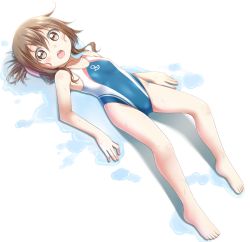 Rule 34 | 10s, 1girl, anchor symbol, barefoot, brown hair, competition swimsuit, folded ponytail, gurande (g-size), inazuma (kancolle), kantai collection, lying, on back, one-piece swimsuit, open mouth, puddle, solo, swimsuit, water, wet