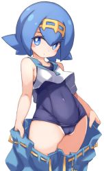 Rule 34 | 1girl, bare arms, bare shoulders, blue eyes, blue hair, blue one-piece swimsuit, blue sailor collar, blue shorts, blush, cameltoe, cleft of venus, closed mouth, covered navel, creatures (company), crop top, curvy, game freak, hairband, highres, karukan (monjya), lana (pokemon), looking at viewer, nintendo, old school swimsuit, one-piece swimsuit, pokemon, pokemon sm, sailor collar, school swimsuit, shiny skin, shirt, shorts, simple background, sleeveless, sleeveless shirt, solo, swimsuit, white background, white shirt, yellow hairband